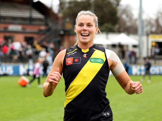 MELBOURNE, AUSTRALIA – SEPTEMBER 08: Katie Brennan of the Tigers celebrates the win during the round two AFLW match between Richmond Tigers and Greater Western Sydney Giants at Swinburne Centre, on September 08, 2024, in Melbourne, Australia. (Photo by Jonathan DiMaggio/AFL Photos/via Getty Images)