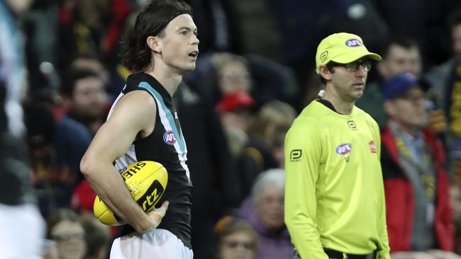 Jasper Pittard waits for the score review on Josh Jenkins winning goal in Showdown 45. Picture: Sarah Reed