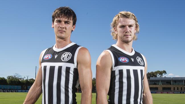 Port Adelaide will be allowed to wear their traditional prison bar guernsey in round 3 for the showdown against Adelaide. Players Jason Horne-Francis and Connor Rozee at ALberton Oval, 10 March 20233. Picture Simon Cross