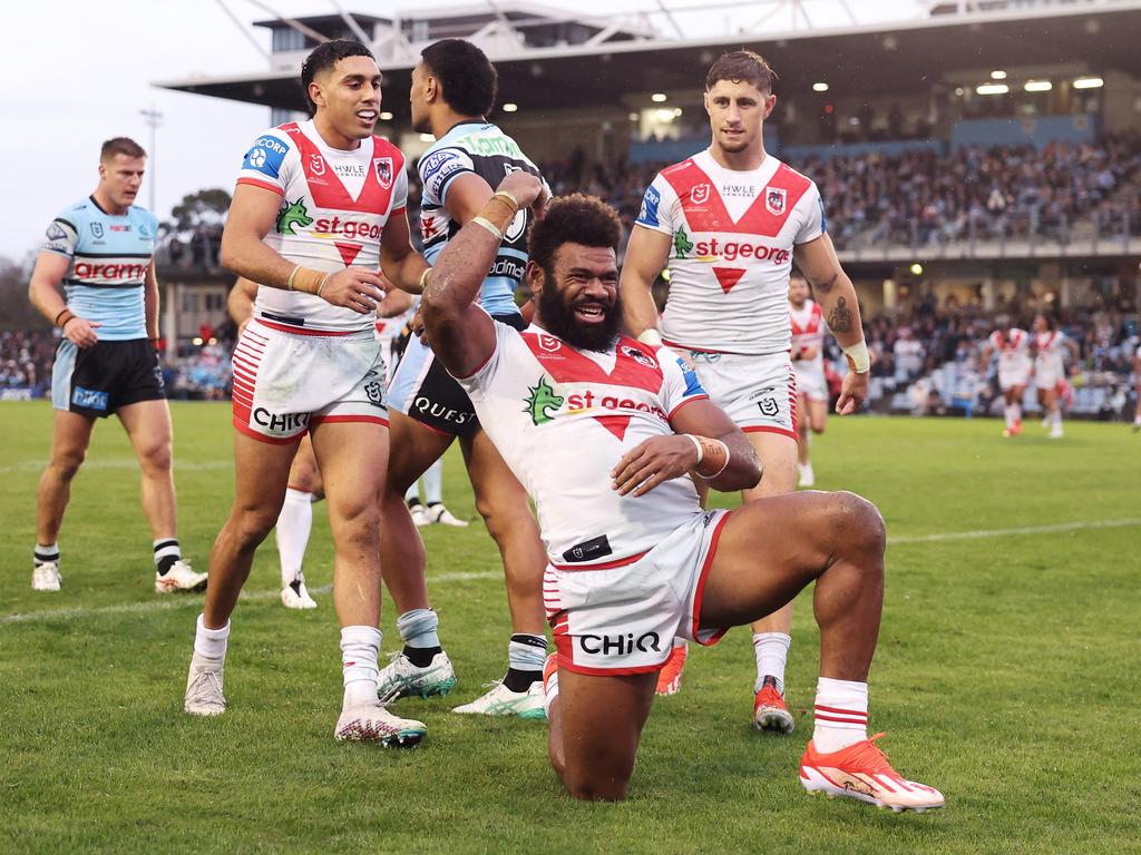 Mikaele Ravalawa notched two tries for the Dragons. Picture: Matt King/Getty Images