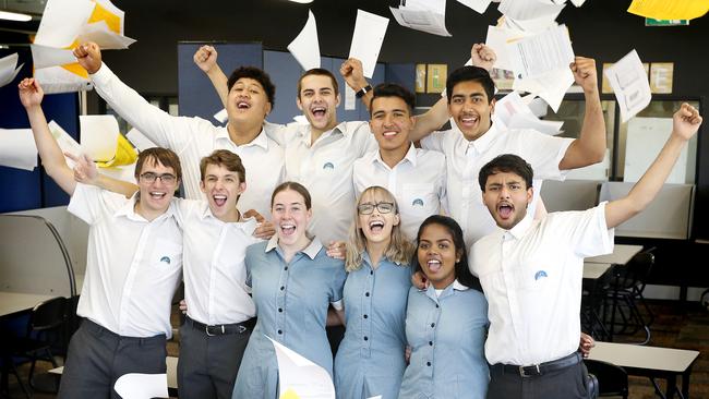 Cranbourne East Secondary students (back row, from left) Poe Pouesi, Jami Kolasinac, Rhamin Azizi, Armann Singh Gill, (front row) dux Jayden Hall, Cory Williams, Billie-Rose Hood, Abbey McGrath, Grace Tibusious and Nathan Fernando. Picture: David Caird