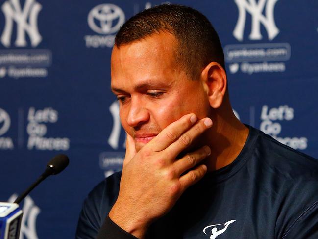 NEW YORK, NY - AUGUST 07: Alex Rodriguez fights back tears during a news conference on August 7, 2016 at Yankee Stadium in the Bronx borough of New York City. Rodriguez announced that he will play his final major league game on Friday, August 12 and then assume a position with the Yankees as a special advisor and instructor.   Jim McIsaac/Getty Images/AFP == FOR NEWSPAPERS, INTERNET, TELCOS & TELEVISION USE ONLY ==