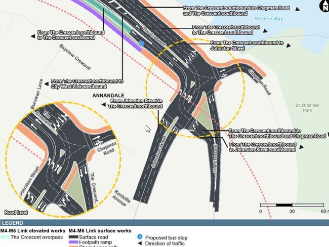 An overview of the stage two proposal for the Rozelle interchange: The Crescent/Johnston Street/Chapman Rd intersection.