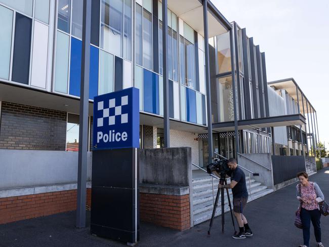 Camera crews set up outside the Ballarat Police Station, where the man is being held. Picture: Jason Edwards