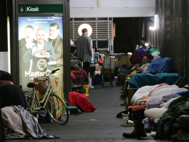 Homeless are gathering at Martin Place Sydney near Macquarie Street, just a stones throw from NSW Parliament. The group stay to the side walkway in an area at the top of Martin Place. Pics Bill Hearne