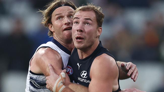 Lachie Henderson wrestles Carlton’s Harry McKay in Round 17. Picture: Michael Klein