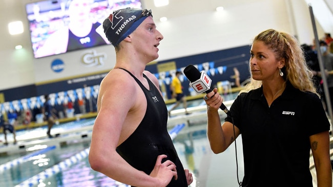 Lia Thomas speaks after the preliminary heats of the 500 yard freestyle during the 2022 NCAA Division I Women’s Swimming and Diving Championship in Atlanta, Georgia. Picture: Mike Comer/NCAA Photos via Getty Images