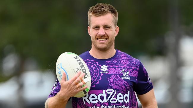 MELBOURNE, AUSTRALIA - MARCH 21: Cameron Munster of the Storm looks on during a Melbourne Storm NRL training session at Gosch's Paddock on March 21, 2023 in Melbourne, Australia. (Photo by Quinn Rooney/Getty Images)