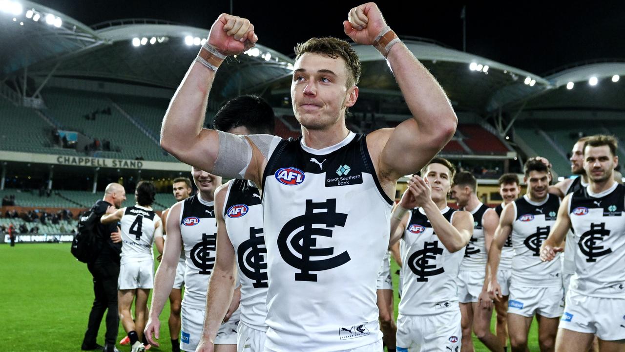 ADELAIDE, AUSTRALIA - MAY 30: Patrick Cripps of the Blues celebrates as he leads his team off during the round 12 AFL match between Port Adelaide Power and Carlton Blues at Adelaide Oval, on May 30, 2024, in Adelaide, Australia. (Photo by Mark Brake/Getty Images)