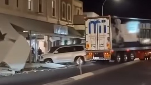 The truck crashed into a building and two parked cars in the main street of Gawler late on Friday night. Picture: Facebook/Drillin’ Panagiotou