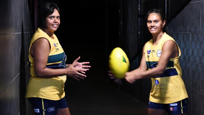 Woodville-West Torrens players Bronwyn Davey and Tesharna Maher this month became the first mother-daughter duo to line in the SANFLW. Picture: Hannah Rex