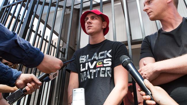 Dylan Voller during his post court media statement in Alice Springs in 2017. Picture: Yvette Jewell