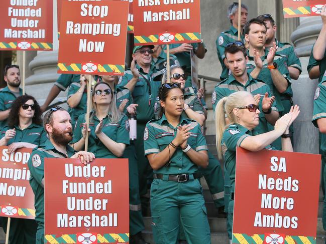 ADELAIDE, AUSTRALIA - NewsWire Photos APRIL 1, 2021: South Australian Paramedics and Fire Fighters along with supporters protest on the steps of Parliament House in Adelaide, SA. Picture: NCA NewsWire / Emma Brasier