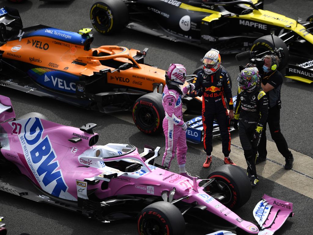 Ricciardo and Verstappen congratulate Hulkenberg.