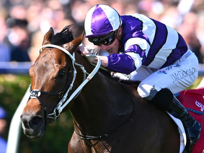 MELBOURNE, AUSTRALIA - NOVEMBER 04: James McDonald riding Riff Rocket wins the Penfolds Victoria Derby during Derby Day at Flemington Racecourse on November 04, 2023 in Melbourne, Australia. (Photo by Quinn Rooney/Getty Images)