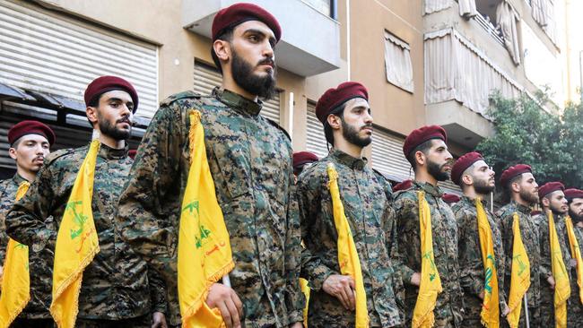 Hezbollah fighters attend the funeral of the group's top military commander Ibrahim Aqil. Picture: AFP.