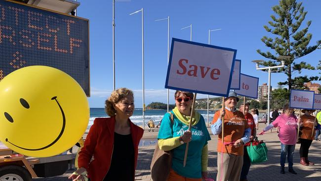 Protesters marched from Manly Town Hall to Manly Beach led by Deputy Mayor Candy Bingham and Cr Penny Philpott. Picture: Madelaine Wong