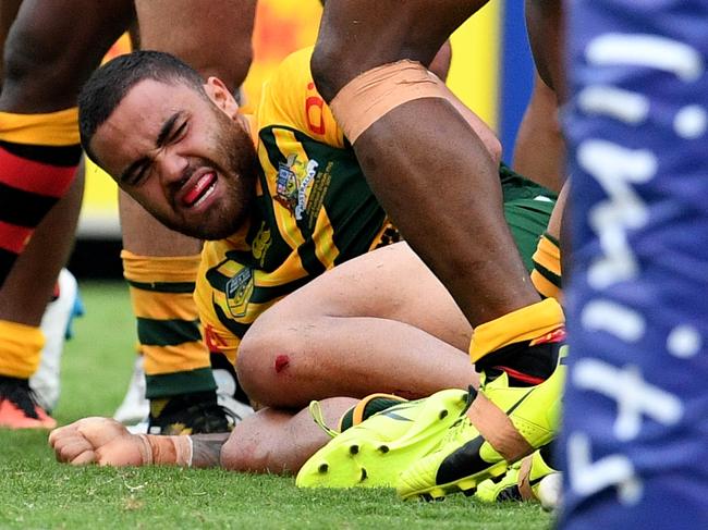 Australian Prime Minister's XIII player Dylan Walker injures his ankle in a match against Papua New Guinea in Port Moresby on Saturday, September 23. Picture: Brendan Esposito, NRL Photos