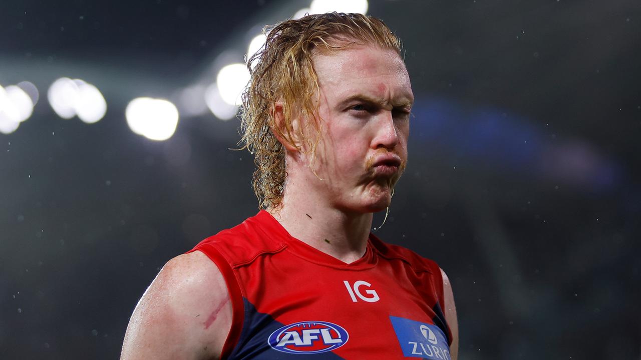 ADELAIDE, AUSTRALIA - APRIL 15: Clayton Oliver of the Demons leaves the field after a loss during the 2023 AFL Round 05 match between the Essendon Bombers and the Melbourne Demons at Adelaide Oval on April 15, 2023 in Adelaide, Australia. (Photo by Dylan Burns/AFL Photos via Getty Images)