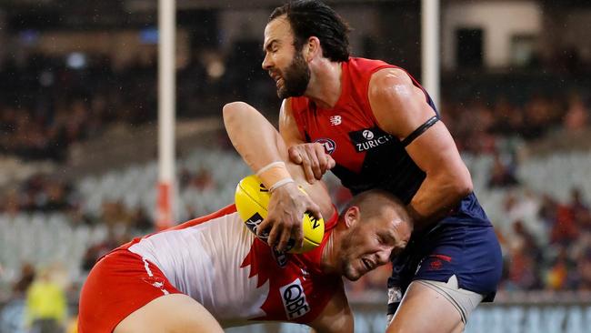 Jordan Lewis is likely to be fit for his farewell game despite copping a cork. Picture: Michael Willson/AFL Photos via Getty Images.