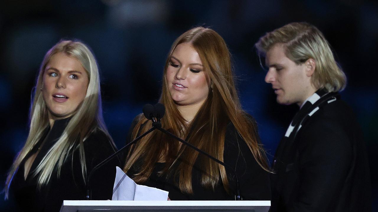 Brooke, Summer and Jackson Warne speak at their father’s memorial service. Picture: Mark Stewart