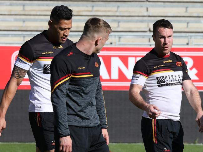 Israel Folau and James Maloney training with Catalan Dragons in Perpignan, France. Picture: Ella Pellegrini