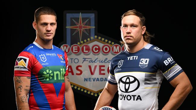 Newcastle Knights captain Kalyn Ponga and North Queensland Cowboys co-captain Reuben Cotter face off ahead of their round one match in Las Vegas next year. PHOTO: NRL
