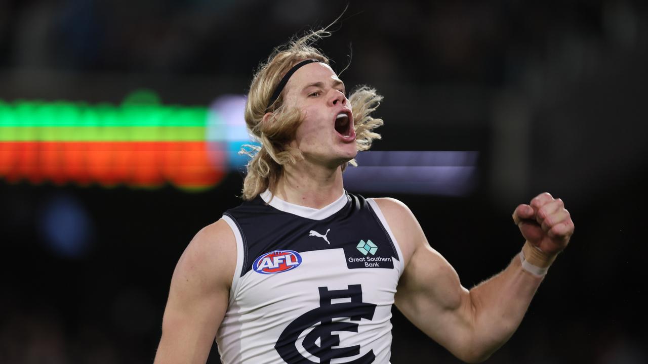 Tom De Koning has good reason to cheer. Photo by James Elsby/AFL Photos via Getty Images.