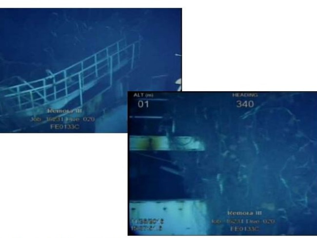 Sonar images of Shipwreck #3, showing the fishing vessel’s deck railing and nets. Picture: ATSB