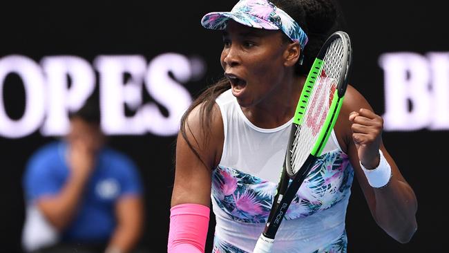 Venus Williams of the US reacts after a point against Romania's Mihaela Buzarnescu during their women's singles match on day two of the Australian Open tennis tournament in Melbourne on January 15, 2019. (Photo by WILLIAM WEST / AFP) / -- IMAGE RESTRICTED TO EDITORIAL USE - STRICTLY NO COMMERCIAL USE --