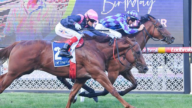 Sky Cap (pink cap) is closing in on a win, which could be on Saturday. Picture: Pat Scala/Racing Photos via Getty Images