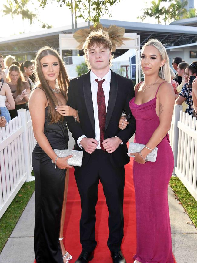 Reese Tansley, Ely Brownlow, and Alani Tamaira at the 2023 Caloundra State High School Year 12 formal. Picture: Patrick Woods.