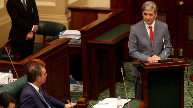 SA Treasurer Rob Lucas hands down the 2020-21 State Budget in Parliament. Picture: NCA NewsWire / Kelly Barnes