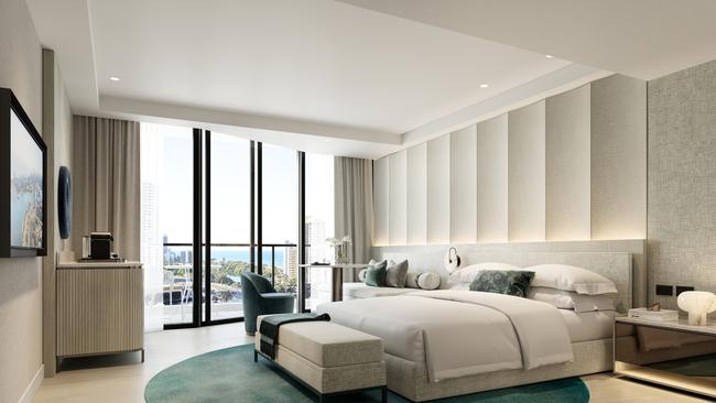 Artist impression of the new-look hotel rooms inside the Surfers Paradise Marriott being rebranded as the JW Marriott.