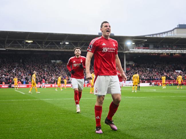 Kiwi Chris Wood Forest celebrates scoring his team's third goal in the 7-0 belting. Picture: Getty