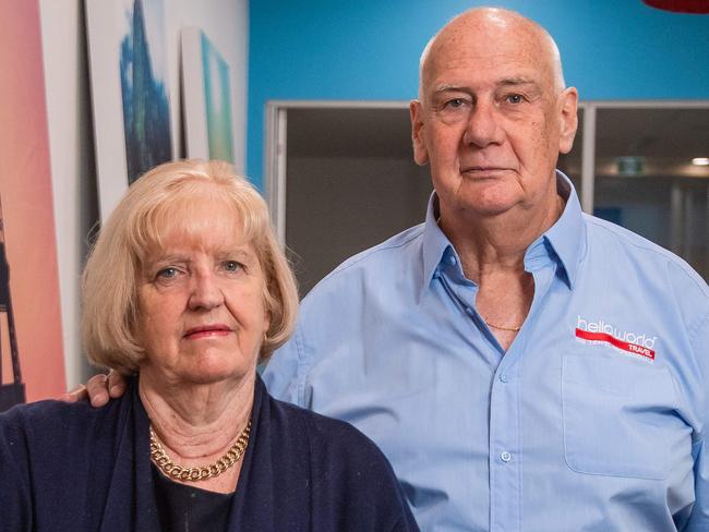 John Williams, 71, and his wife Kath Williams, 75 have owned Helloworld Travel for 28 years and have said without further support from the government the industry will collapse.  Picture: Jason Edwards