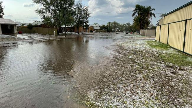 Videos and pictures from Emerald show the aftermath of the severe storm, with hail coating the ground like snow and streets flooded. Pics: Melanie/Higgins Storm Chasing