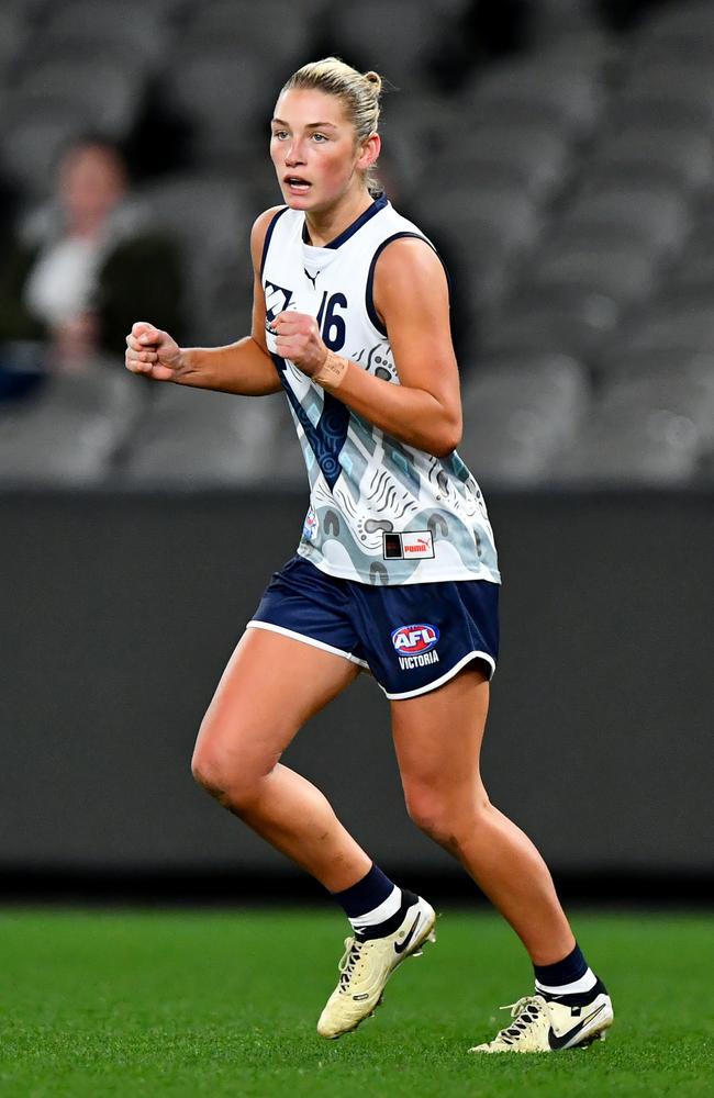 Ash Centra of Victoria Country celebrates kicking a goal in July. Picture: Josh Chadwick/AFL Photos.