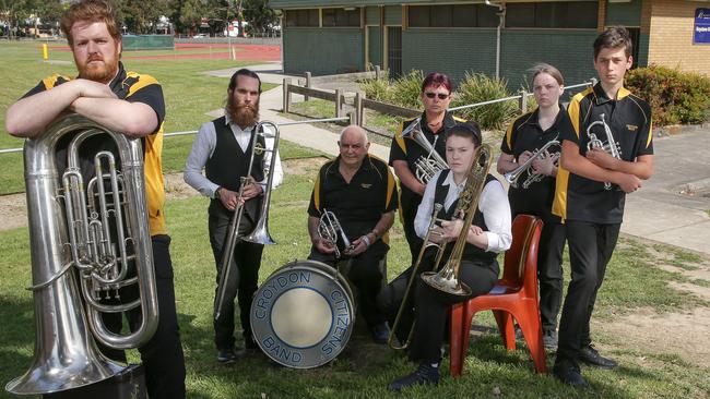 Croydon musicians Peter Heath, Scott Huddleston, Brian Giles, Melina Benger, Rebecca Bassett, Grace Benger and Aiden Kicker outside Keystone Hall. Picture: George Salpigtidis