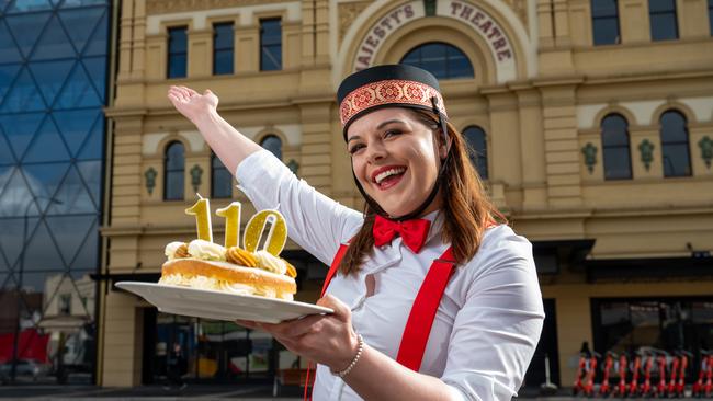 Shivawn Young celebrates Her Majesty’s Theatre’s 110th birthday. Picture: Naomi Jellicoe