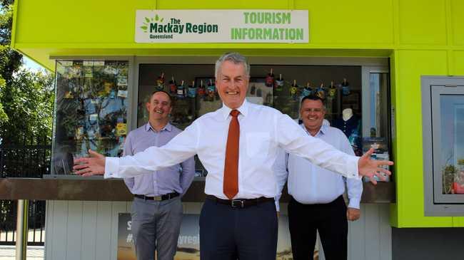 Mackay Tourism chief executive officer Tas Webber, Mackay Regional Council Mayor Greg Williamson and Mackay Airport general manager Garry Porter cut the ribbon at the new Mackay Visitor Information Kiosk at Bluewater Lagoon on Tuesday August 25.