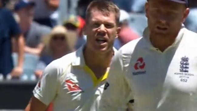 David Warner has words with Jonny Bairstow.