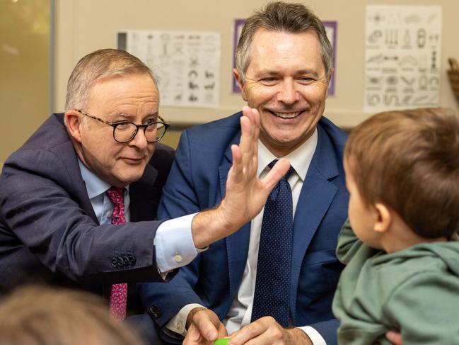 CANBERRA, AUSTRALIA - NewsWire Photos MARCH 23, 2023:  Prime Minister Anthony Albanese with Alexander Hawkes, 2 years old and Elyse Garth, 4 years old. Prime Minister Anthony Albanese with Ministers Jason Clare and Kristy McBain at a child care centre in Queanbeyan, NSW. Picture: NewsWire / Gary Ramage