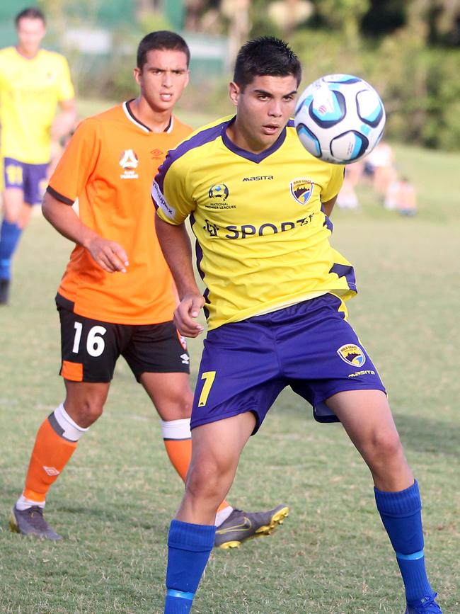 Gold Coast United’s Cian Cuba in action against Brisbane Roar Youth on Saturday. Picture: Richard Gosling