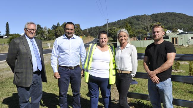 Clarence Valley Councillor George Cecato, Coffs Harbour MP Gurmesh Singh and Coramba Rd property owners Allison Lipman, Lindsay Poynter and Robert Poynter. Photo: Tim Jarrett