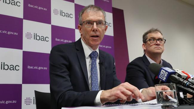 Acting IBAC Commissioner Stephen Farrow and Deputy Commissioner David Wolf at their Operation Sandon press conference on Thursday. Picture: David Crosling