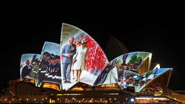 The sails of the Sydney Opera House were lit up to welcome the King and Queen on Friday night. (Photo by Chris Jackson/Getty Images)