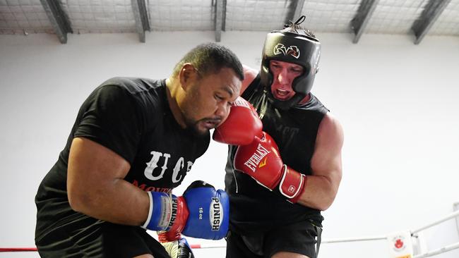 Paul Gallen (right) during sparring on the Gold Coast. Picture: NCA NewsWire/Dan Peled