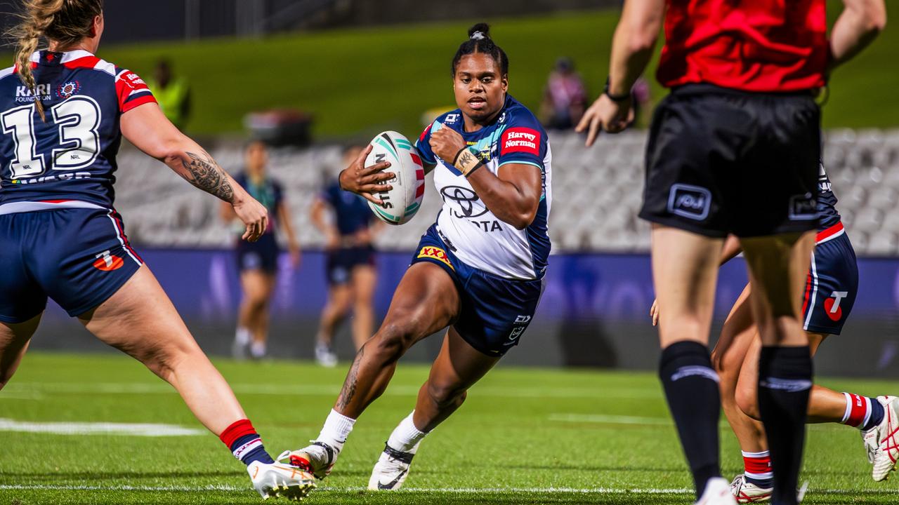 Cairns-born North Queensland Cowboys NRLW player Sareka Mooka in action against the Sydney Roosters. Picture: North Queensland Cowboys.