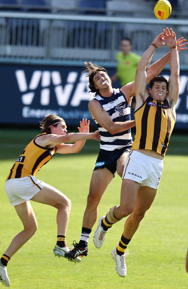 Jack Henry finished his day on the bench after suffering a foot injury, but it is unclear how severe it is. Picture: Michael Klein